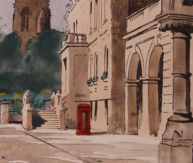 Colour sketch of red phone box outside white painted Southport Town Hall | The Atkinson