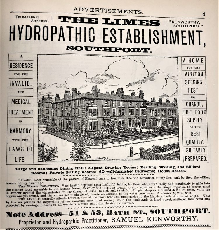 Kenworthy's Hydropathic Hotel was established in 1876 in the building on the corner of Bold and Bath Streets, known as The Limes. It expanded into the buildings next door - a mark of the success of the water treatments offered to visitors. | Slater's Directory, 1890 - Sefton Libraries