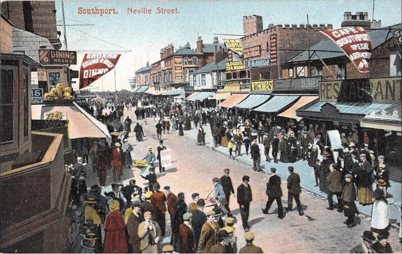 Nevill Street is still the main route to the pier and the seafront, and in 1900 it was already lined with cafes, shops and attractions to appeal to tourists. Ye Olde Castle Tea Rooms were busy creating a heritage feel older than Southport itself. But a decade later they were swept away to build a new cinema.
