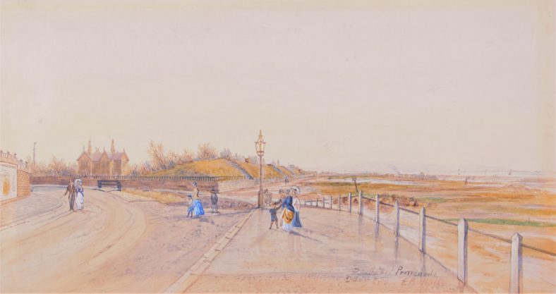 The Promenade was gradually extended both northwards and southwards. This view is at the Duke Street end, looking south along Rotten Row. Out on the sands, work is underway to build the Cheshire Lines railway which looped over the beach before terminating on Lord Street from the mid 1880s. | The Atkinson, Southport